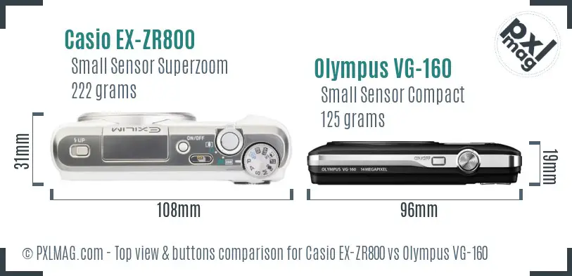 Casio EX-ZR800 vs Olympus VG-160 top view buttons comparison Casio EX-ZR800 vs Olympus VG-160 top view buttons comparison