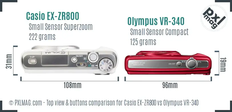 Casio EX-ZR800 vs Olympus VR-340 top view buttons comparison Casio EX-ZR800 vs Olympus VR-340 top view buttons comparison