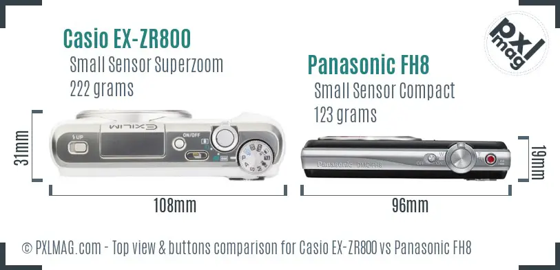 Casio EX-ZR800 vs Panasonic FH8 top view buttons comparison Casio EX-ZR800 vs Panasonic FH8 top view buttons comparison