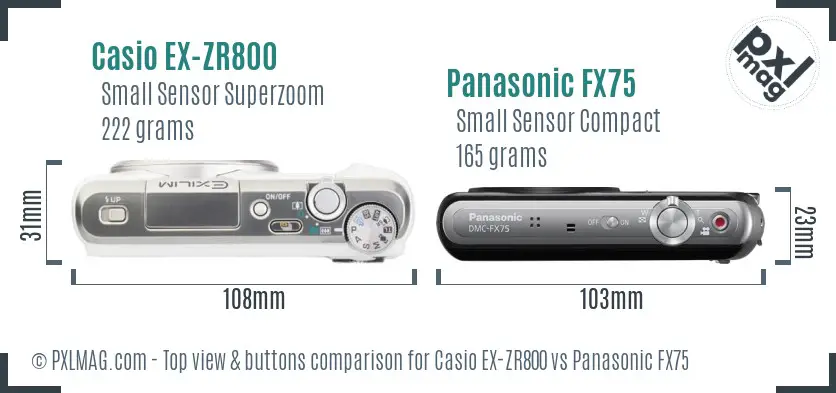 Casio EX-ZR800 vs Panasonic FX75 top view buttons comparison Casio EX-ZR800 vs Panasonic FX75 top view buttons comparison