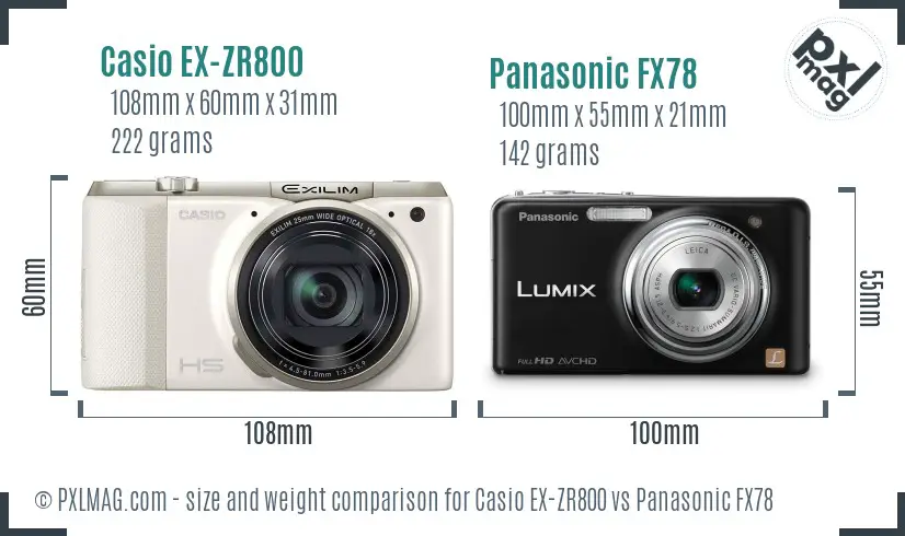 Casio EX-ZR800 vs Panasonic FX78 size comparison