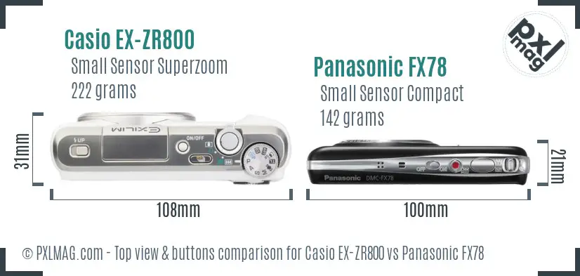 Casio EX-ZR800 vs Panasonic FX78 top view buttons comparison