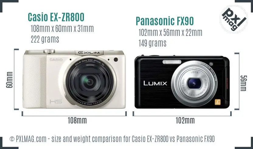 Casio EX-ZR800 vs Panasonic FX90 size comparison