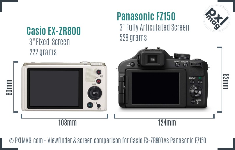 Casio EX-ZR800 vs Panasonic FZ150 Screen and Viewfinder comparison