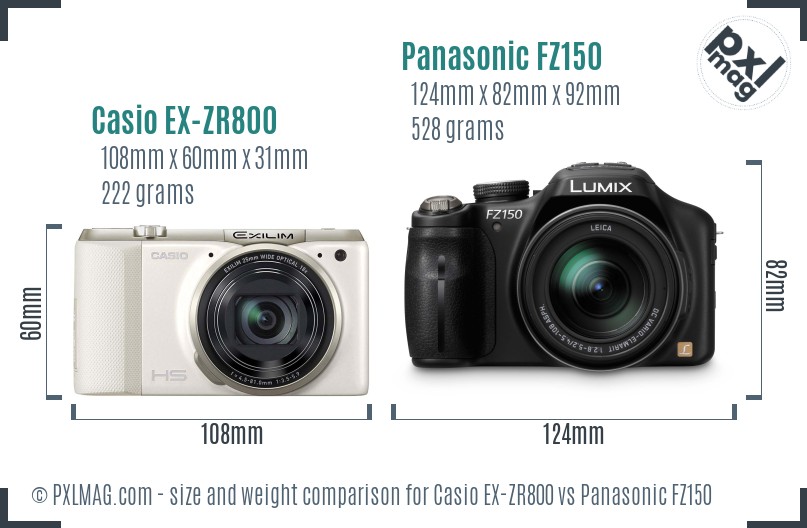 Casio EX-ZR800 vs Panasonic FZ150 size comparison