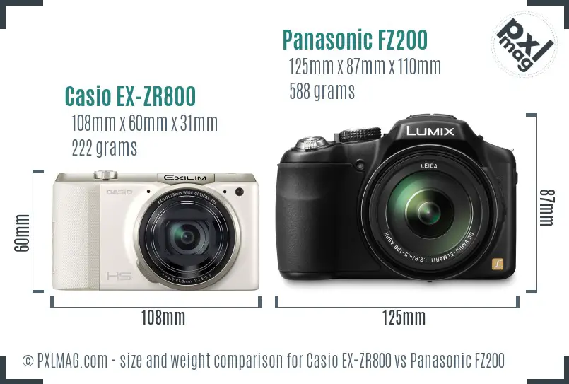 Casio EX-ZR800 vs Panasonic FZ200 size comparison