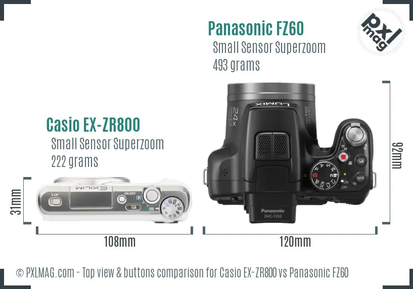 Casio EX-ZR800 vs Panasonic FZ60 top view buttons comparison Casio EX-ZR800 vs Panasonic FZ60 top view buttons comparison