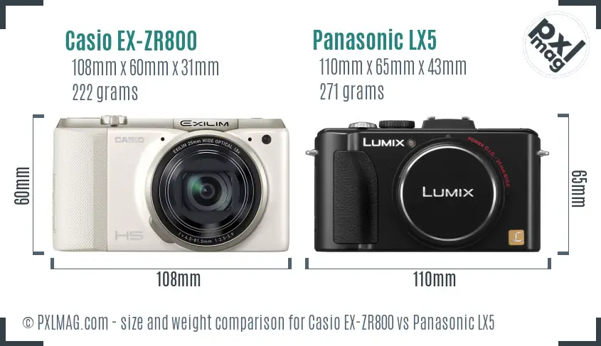 Casio EX-ZR800 vs Panasonic LX5 size comparison