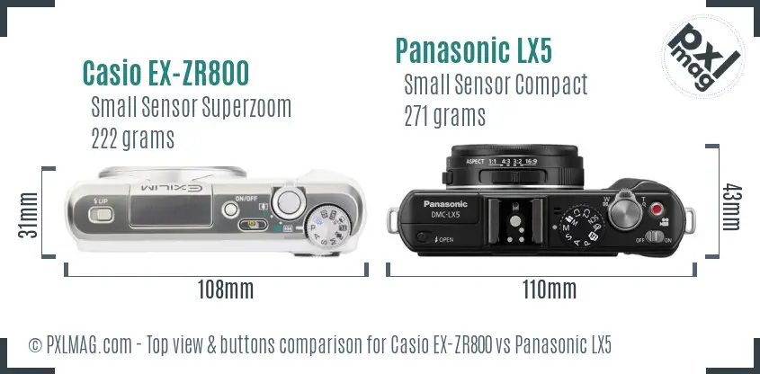 Casio EX-ZR800 vs Panasonic LX5 top view buttons comparison
