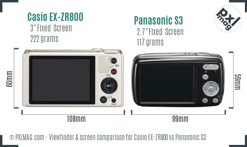 Casio EX-ZR800 vs Panasonic S3 Screen and Viewfinder comparison