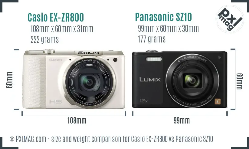 Casio EX-ZR800 vs Panasonic SZ10 size comparison