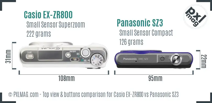 Casio EX-ZR800 vs Panasonic SZ3 top view buttons comparison Casio EX-ZR800 vs Panasonic SZ3 top view buttons comparison