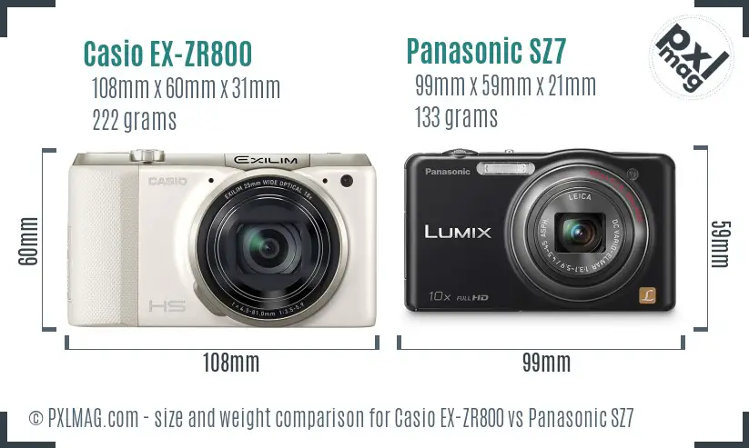 Casio EX-ZR800 vs Panasonic SZ7 size comparison