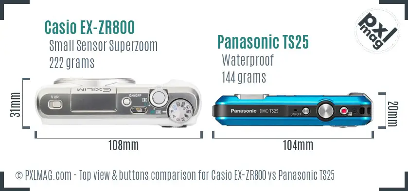 Casio EX-ZR800 vs Panasonic TS25 top view buttons comparison Casio EX-ZR800 vs Panasonic TS25 top view buttons comparison