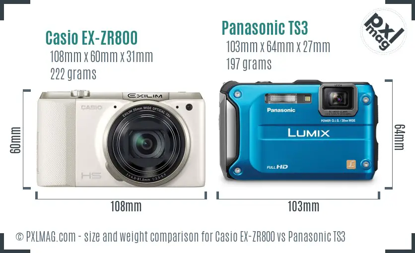 Casio EX-ZR800 vs Panasonic TS3 size comparison