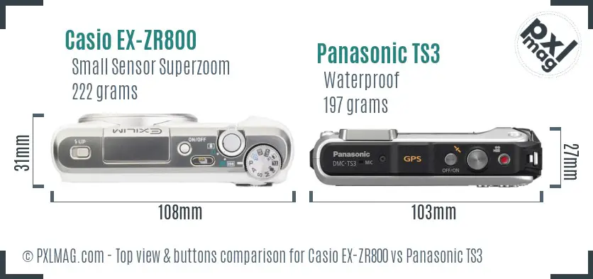 Casio EX-ZR800 vs Panasonic TS3 top view buttons comparison