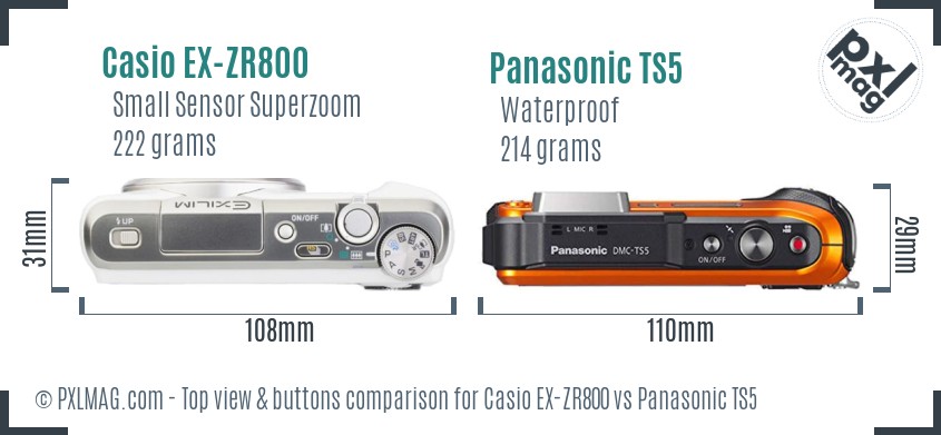 Casio EX-ZR800 vs Panasonic TS5 top view buttons comparison