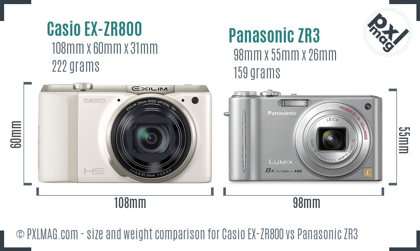 Casio EX-ZR800 vs Panasonic ZR3 size comparison