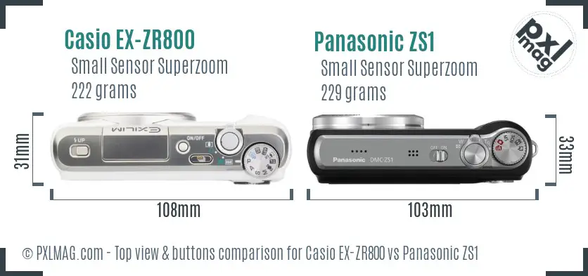 Casio EX-ZR800 vs Panasonic ZS1 top view buttons comparison Casio EX-ZR800 vs Panasonic ZS1 top view buttons comparison