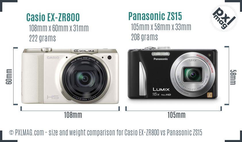 Casio EX-ZR800 vs Panasonic ZS15 size comparison