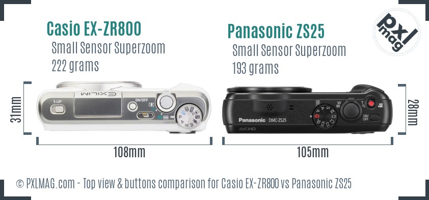 Casio EX-ZR800 vs Panasonic ZS25 top view buttons comparison