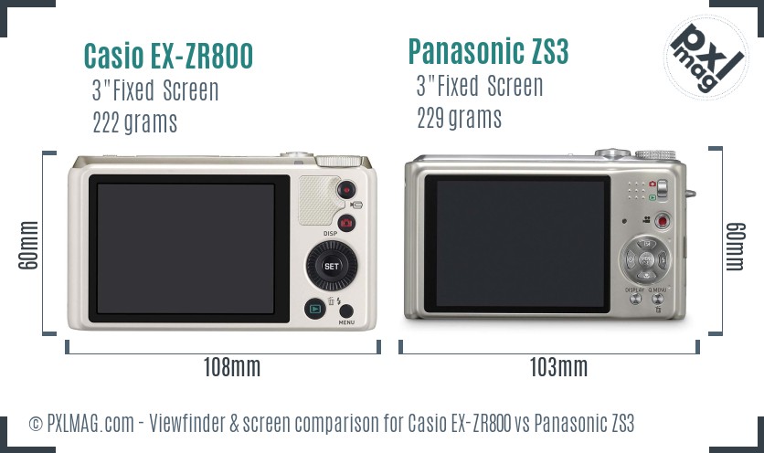 Casio EX-ZR800 vs Panasonic ZS3 Screen and Viewfinder comparison