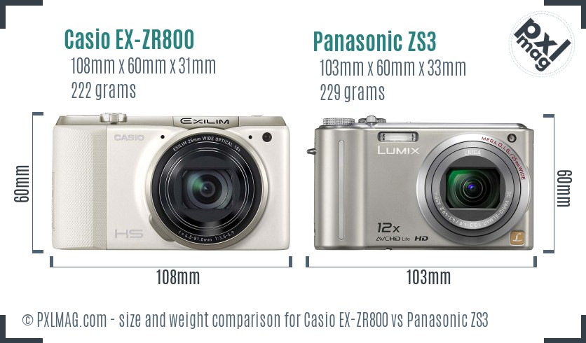 Casio EX-ZR800 vs Panasonic ZS3 size comparison