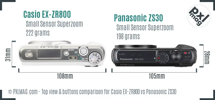 Casio EX-ZR800 vs Panasonic ZS30 top view buttons comparison Casio EX-ZR800 vs Panasonic ZS30 top view buttons comparison
