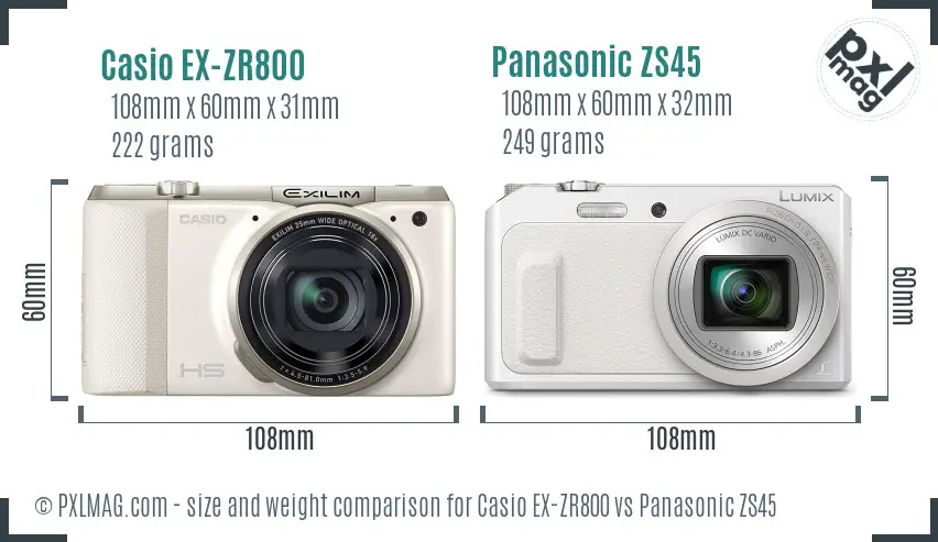 Casio EX-ZR800 vs Panasonic ZS45 size comparison