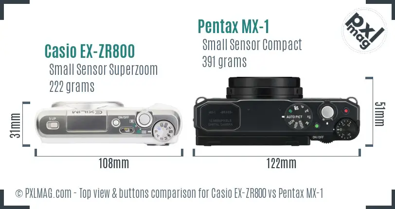Casio EX-ZR800 vs Pentax MX-1 top view buttons comparison