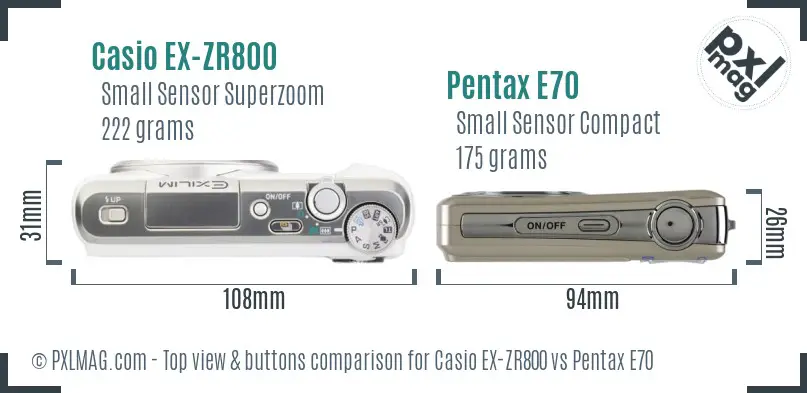 Casio EX-ZR800 vs Pentax E70 top view buttons comparison