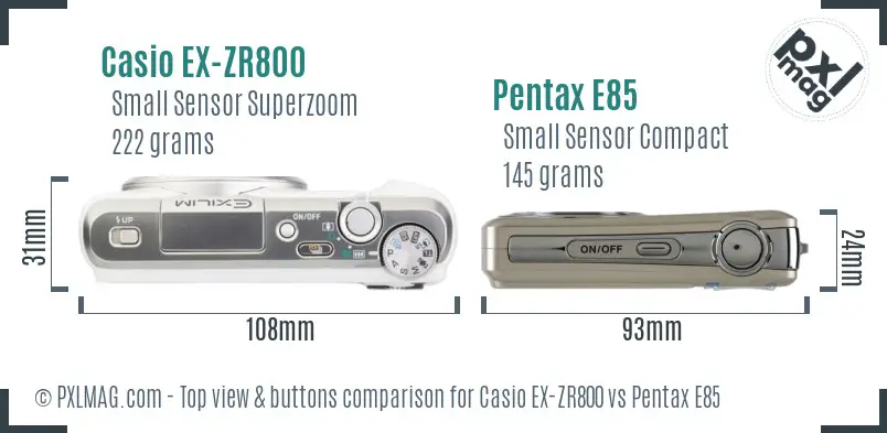 Casio EX-ZR800 vs Pentax E85 top view buttons comparison