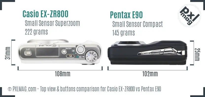 Casio EX-ZR800 vs Pentax E90 top view buttons comparison