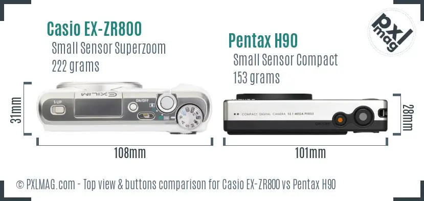 Casio EX-ZR800 vs Pentax H90 top view buttons comparison Casio EX-ZR800 vs Pentax H90 top view buttons comparison