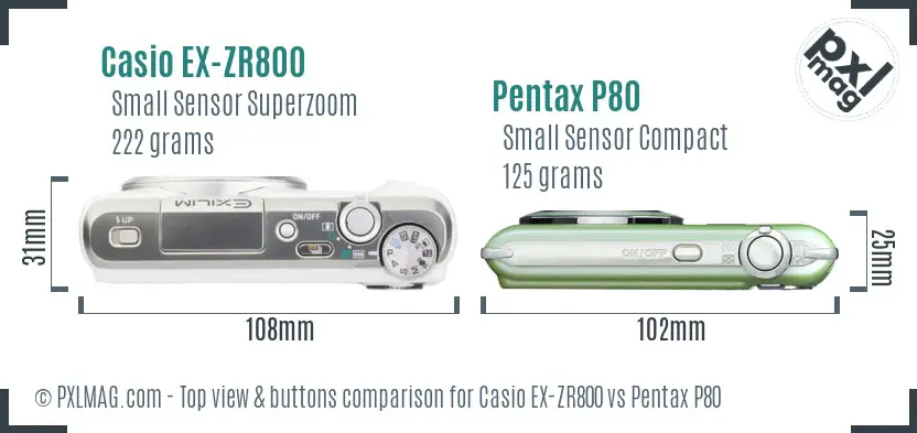 Casio EX-ZR800 vs Pentax P80 top view buttons comparison