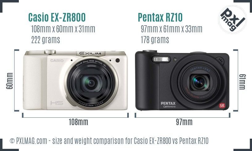 Casio EX-ZR800 vs Pentax RZ10 size comparison
