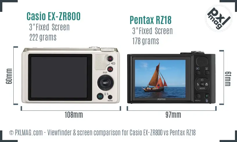 Casio EX-ZR800 vs Pentax RZ18 Screen and Viewfinder comparison Casio EX-ZR800 vs Pentax RZ18 Screen and Viewfinder comparison