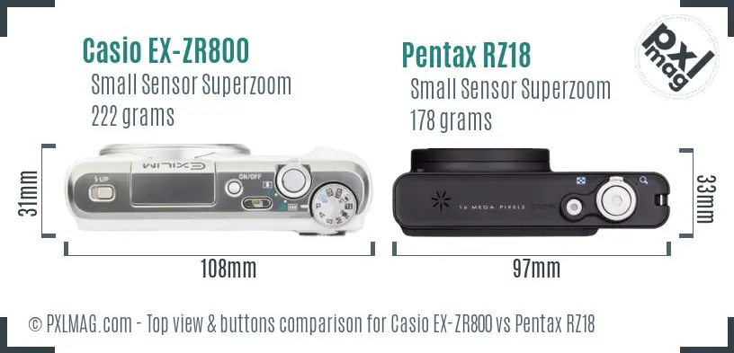 Casio EX-ZR800 vs Pentax RZ18 top view buttons comparison Casio EX-ZR800 vs Pentax RZ18 top view buttons comparison