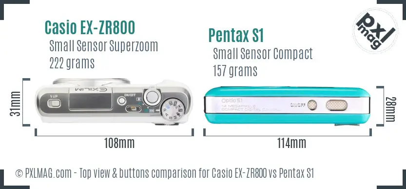 Casio EX-ZR800 vs Pentax S1 top view buttons comparison Casio EX-ZR800 vs Pentax S1 top view buttons comparison
