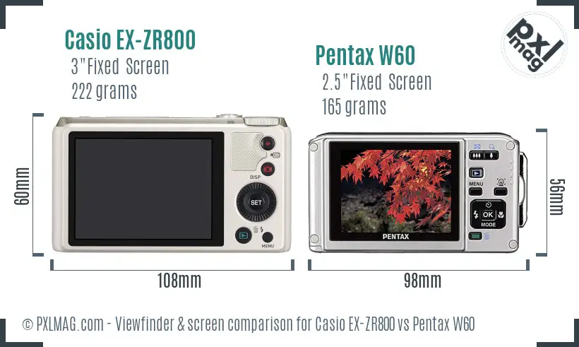 Casio EX-ZR800 vs Pentax W60 Screen and Viewfinder comparison