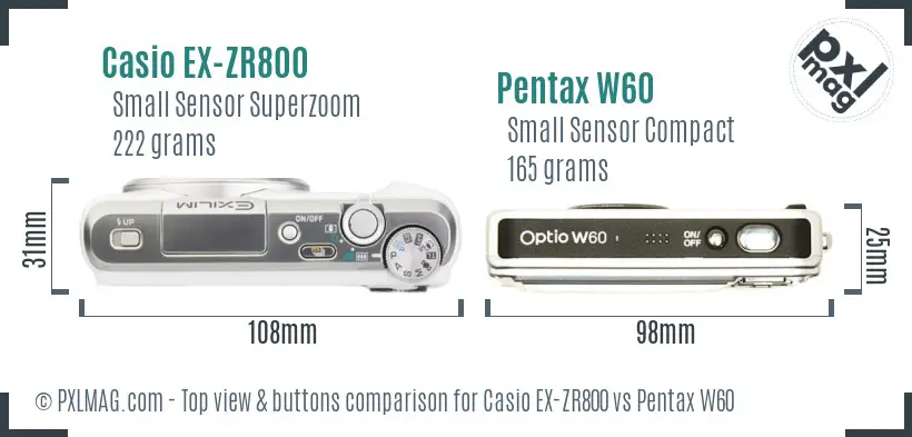 Casio EX-ZR800 vs Pentax W60 top view buttons comparison