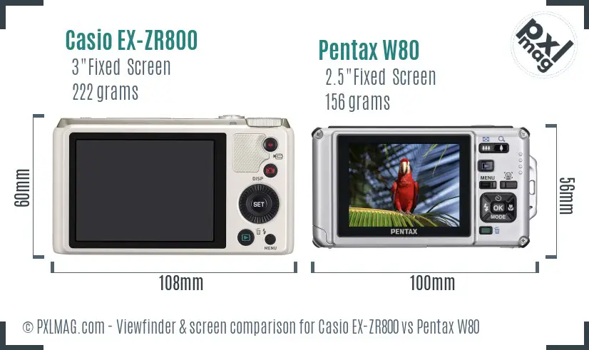 Casio EX-ZR800 vs Pentax W80 Screen and Viewfinder comparison