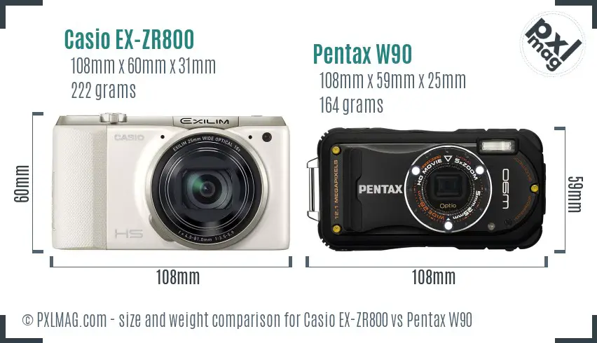 Casio EX-ZR800 vs Pentax W90 size comparison