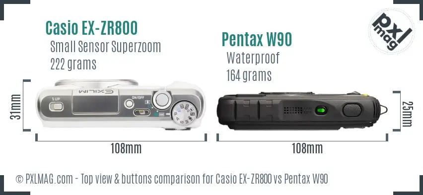Casio EX-ZR800 vs Pentax W90 top view buttons comparison