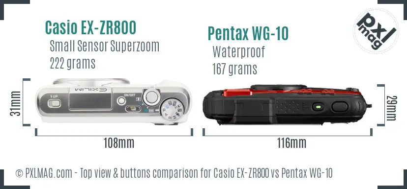 Casio EX-ZR800 vs Pentax WG-10 top view buttons comparison Casio EX-ZR800 vs Pentax WG-10 top view buttons comparison