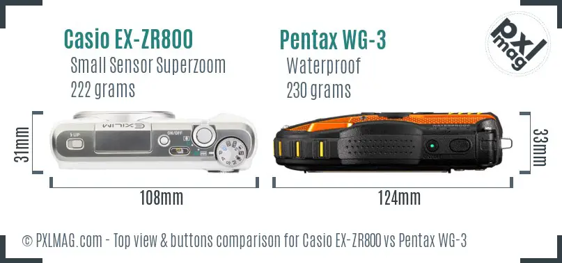 Casio EX-ZR800 vs Pentax WG-3 top view buttons comparison