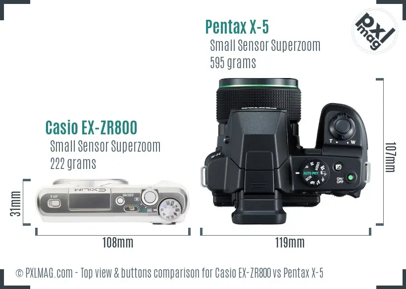 Casio EX-ZR800 vs Pentax X-5 top view buttons comparison