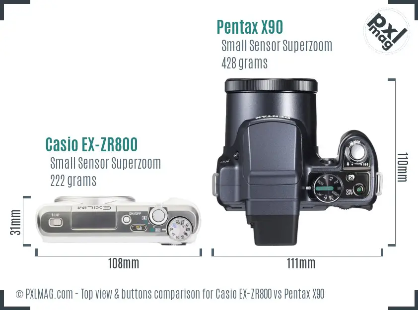 Casio EX-ZR800 vs Pentax X90 top view buttons comparison