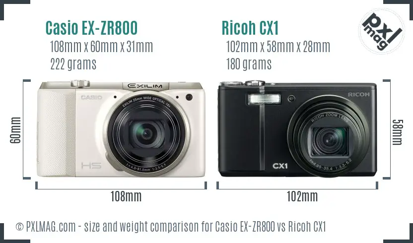 Casio EX-ZR800 vs Ricoh CX1 size comparison