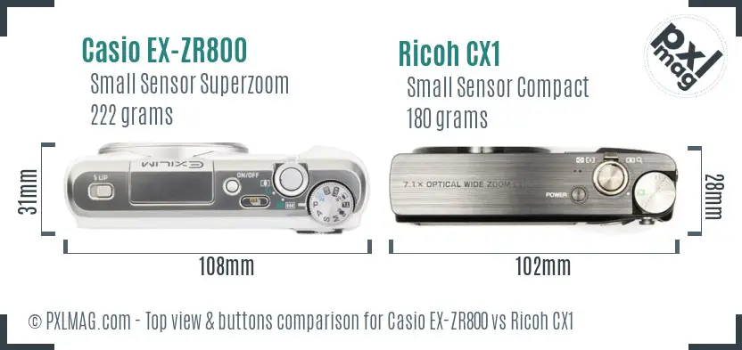 Casio EX-ZR800 vs Ricoh CX1 top view buttons comparison